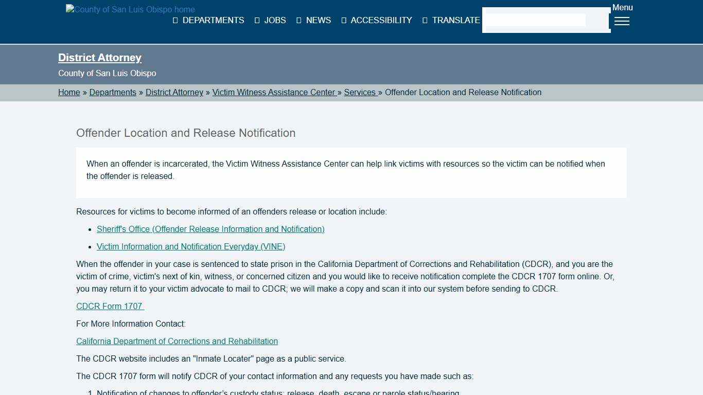 Offender Location and Release Notification - County of San Luis Obispo